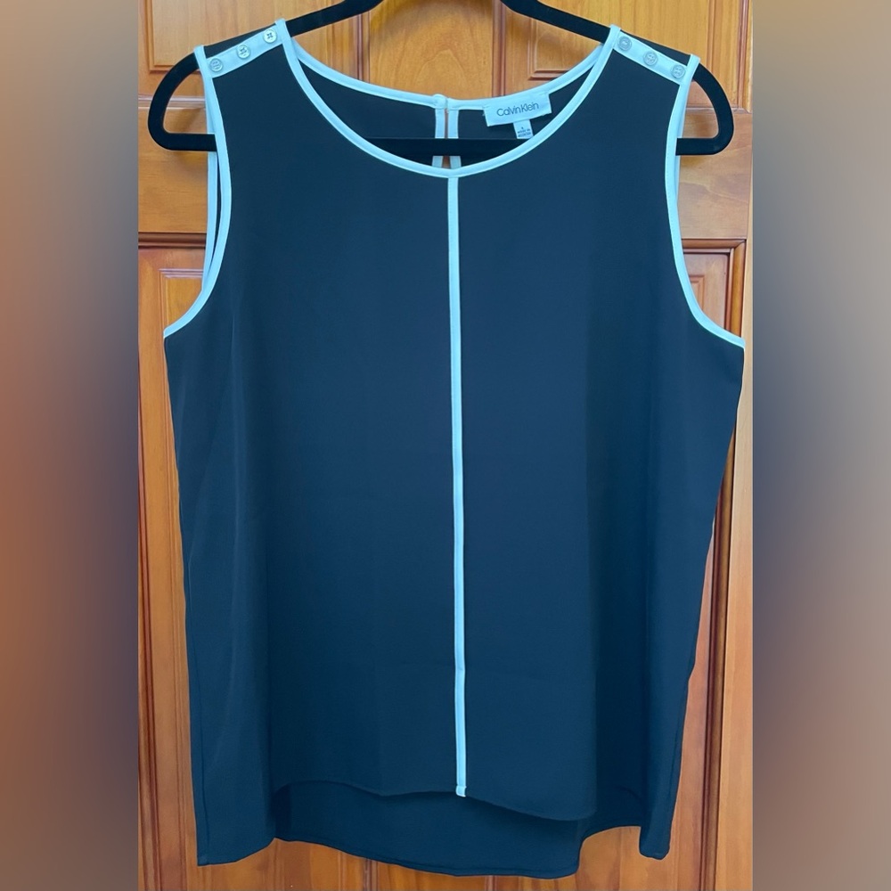 🆕 Calvin Klein CK Women's Sleeveless Black White Piping Trim Blouse Top L 12-14 - Picture 8 of 16